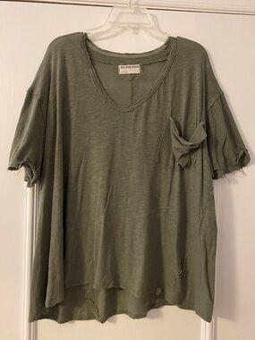 We The Free Distressed Olive Green V‑Neck Pocket Tee
